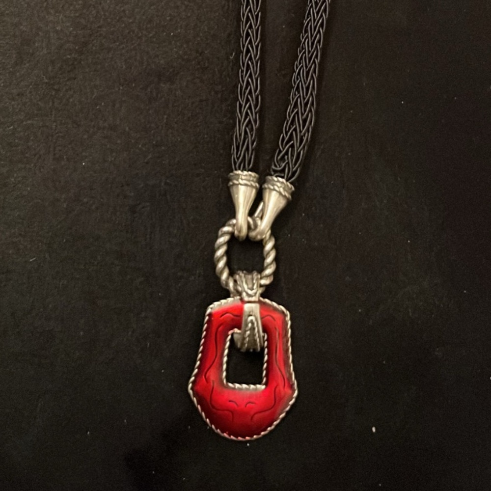 Chicos vintage silver tone black rope with red Enamel pendant necklace